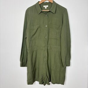 ON-34TH Womens Linen Blend Long Sleeve Utility Romper Size Large Green Button Up